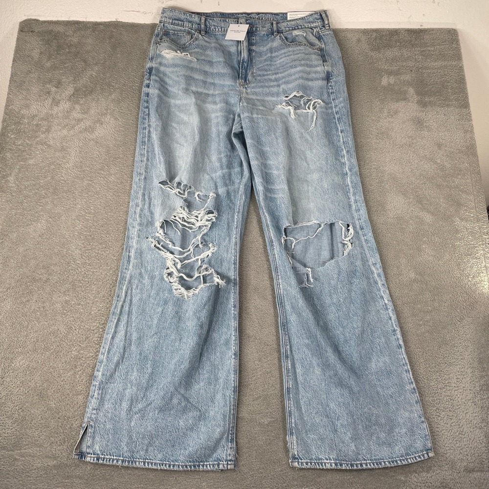 American Eagle Jeans Womens 16 Long Blue Dreamy Drape Baggy Wide Leg Distressed
